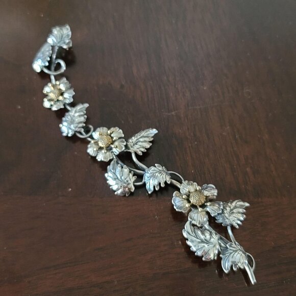 Vintage Artisan Sterling and 10kt Gold Articulated Repousse Climbing Flower Vine - Picture 1 of 7